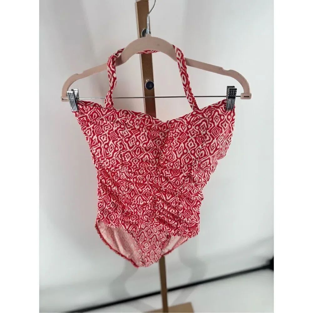 Jones New York Geometric Print Ruched One-Piece Swimsuit Size 14 Red